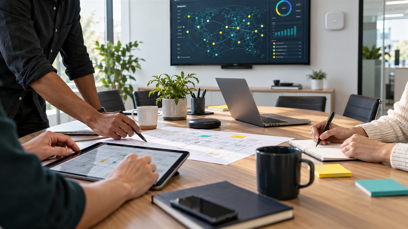 A modern technology planning session with current devices and architecture sketches