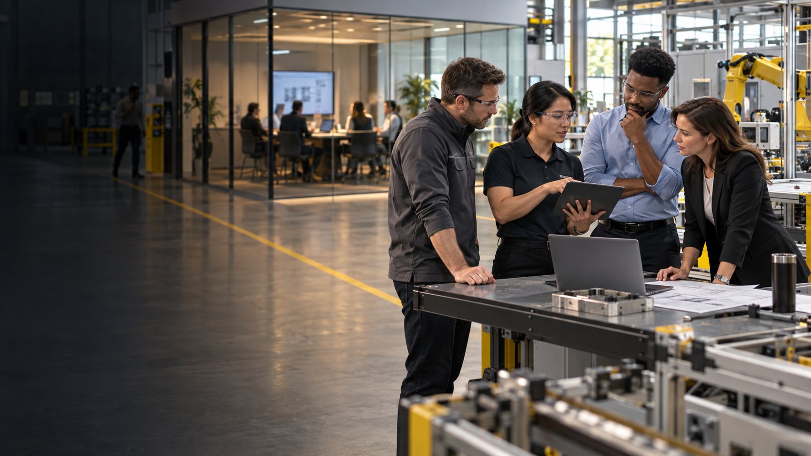 Business and technology team working in a modern manufacturing environment