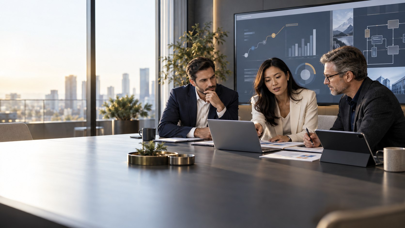 Technology advisor and business leaders reviewing a modern planning dashboard