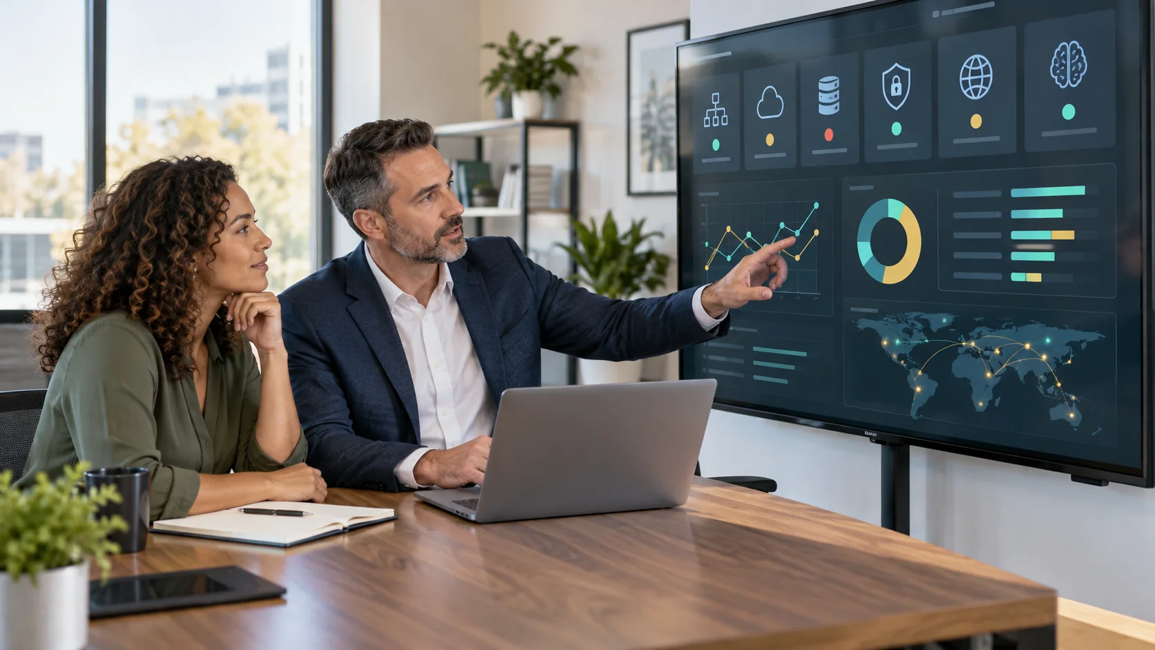 Business leaders reviewing a modern technology health and risk dashboard