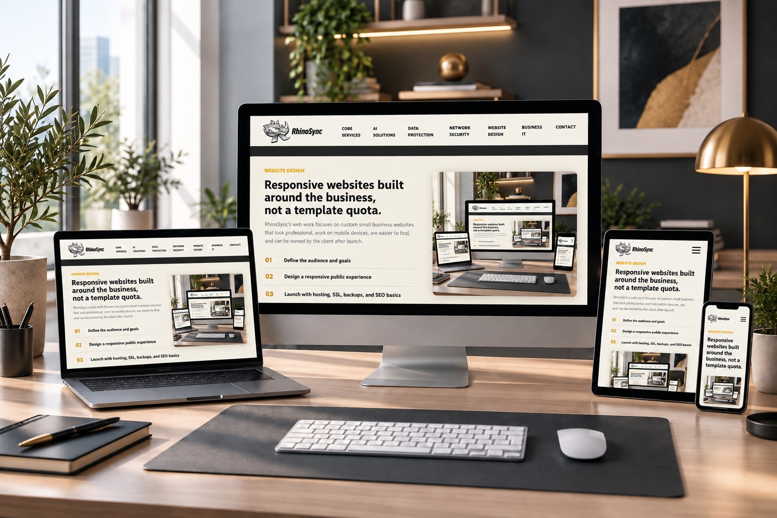 RhinoSync website displayed responsively across desktop, laptop, tablet, and phone